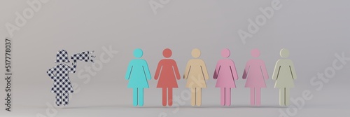 Принти на полотні icons figures of several women in multi-colored dresses standing next to each other,among which is one female house worker speaking into a bullhorn in a black and white dress