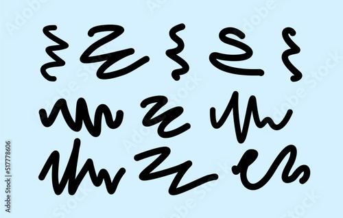 Set of lines, squiggles. Vector curved lines, flourishes. Doodle and squiggles, cartoon cute style.