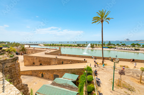 View from the steps of the Palma Cathedral looking over the Mediterranean Sea, cruise port, and pond,  in Palma de Mallorca, Spain. © Kirk Fisher