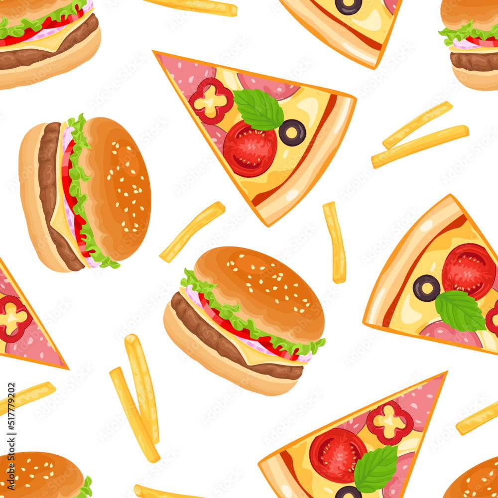 Fast food background. Seamless pattern with hamburgers, pizza slices and french fries. Vector cartoon illustration. Fast food background. Seamless pattern with hamburgers, pizza slices and french fries. Vector cartoon illustration.