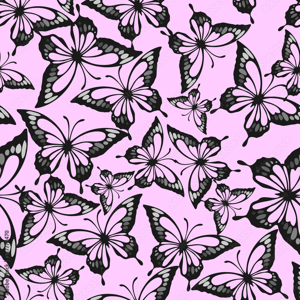 seamless repeating pattern of black and gray butterflies on a pink background, texture, design seamless repeating pattern of black and gray butterflies on a pink background, texture, design