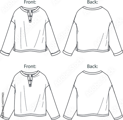 Vector long sleeved drop shoulder top fashion CAD, woman boxy shape round neck with buttons details blouse technical drawing, template, mock up, flat. Jersey tee with front, back view, white color