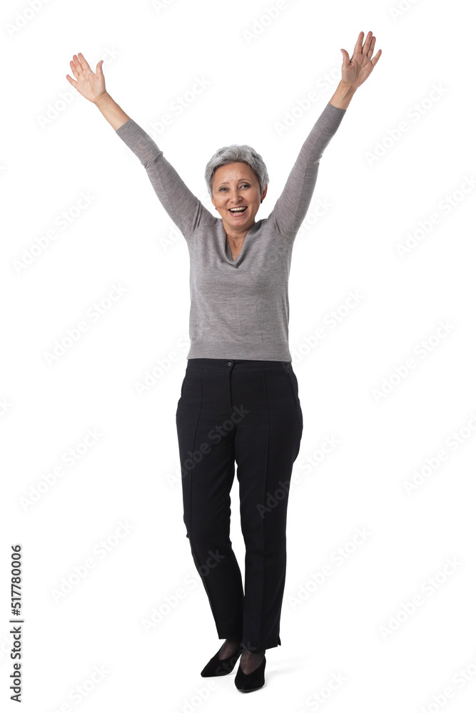 Business woman winner with raised arms