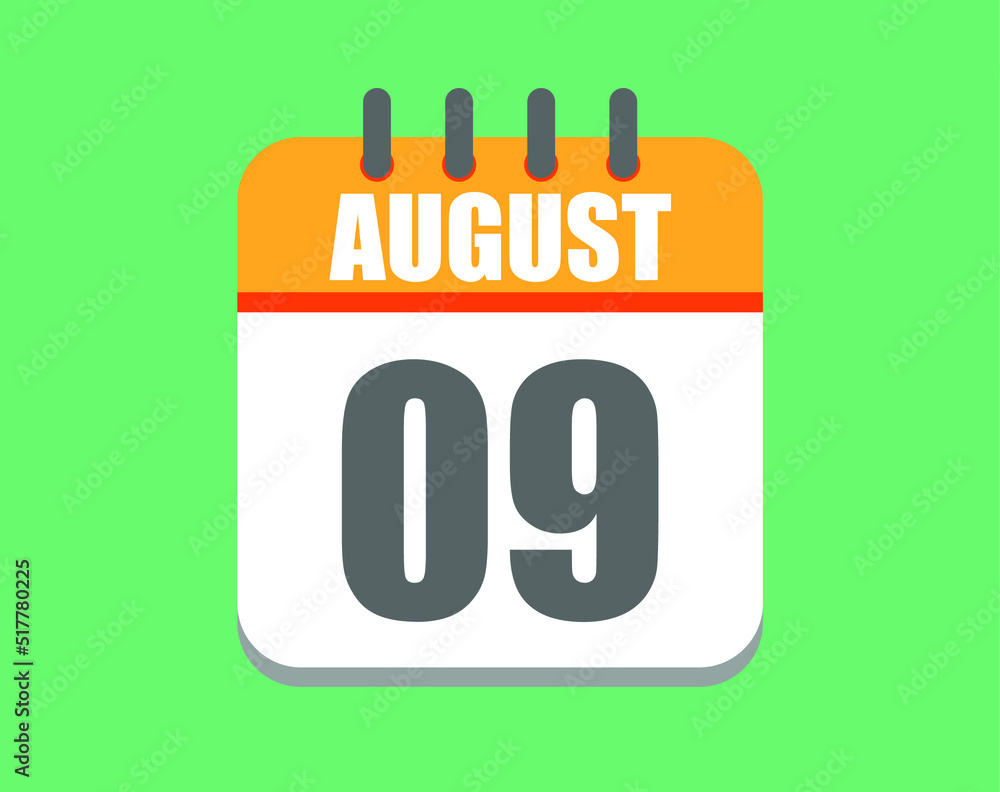 August day 9. Calendar icon for August. Vector illustration in orange and white on green background. August day 9. Calendar icon for August. Vector illustration in orange and white on green background.