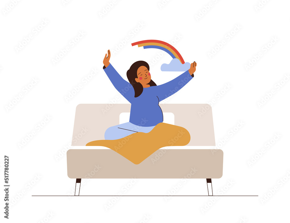 Fototapeta premium Pregnant Woman awake from sleep in the morning. Happy female who waiting the baby get out of the cozy bed and stretching with good mood. Healthy lifestyle concept. Vector illustration