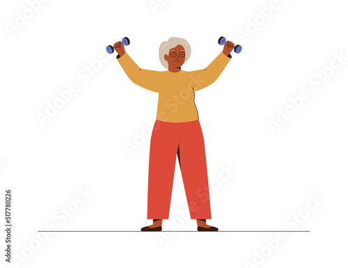 Elderly woman training with Dumbbells at home. Senior female has fitness workout. Concept of healthy sport habits and active lifestyle. Vector illustration.