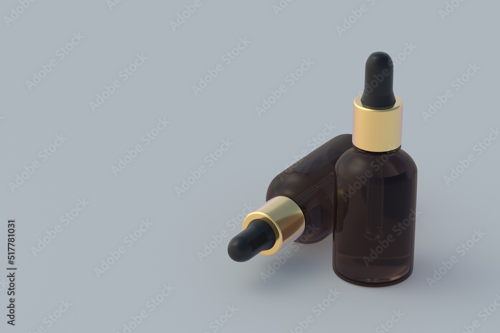 Skincare serum in dropper bottles on gray background. Copy space. 3d render Skincare serum in dropper bottles on gray background. Copy space. 3d render