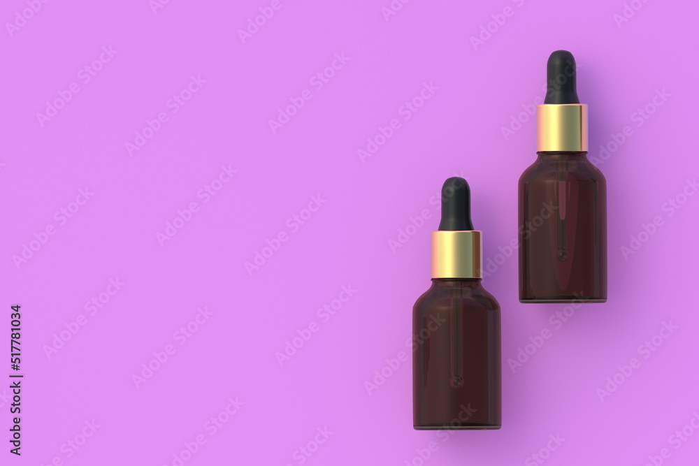 Skincare serum in dropper bottles on pink background. Top view. Copy space. 3d render Skincare serum in dropper bottles on pink background. Top view. Copy space. 3d render