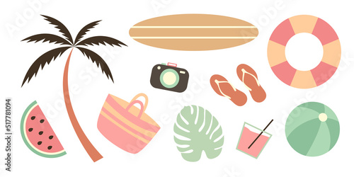 Summertime set of cute summer elements. Surfboard, palm, lemonade, camera, bag, ball, slippers, lifebuoy, watermelon. Doodle beach party illustration for postcard, poster, sticker, packaging, fabric.