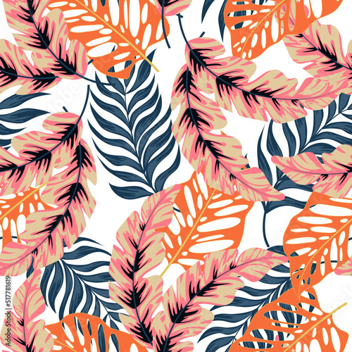 Abstract seamless tropical pattern with bright plants and leaves on a white b...