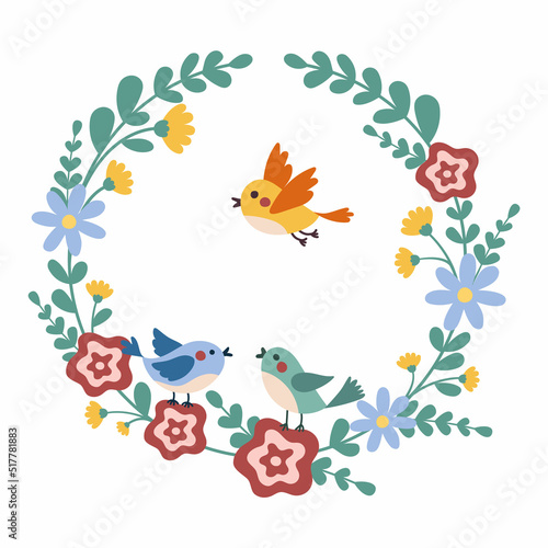 Beautiful flower frame with cute colorful birds. Vector illustration for postcards. 