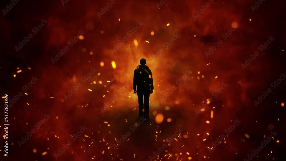 Silhouette of a man with hot fire flames and sparks. A man stands alone on the road surrounded by dangerous fire. Silhouette of a man with hot fire flames and sparks. A man stands alone on the road surrounded by dangerous fire.