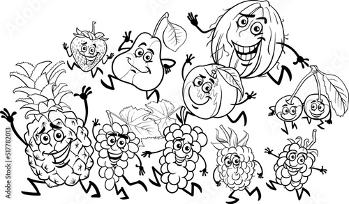 cartoon playful fruit characters group coloring page