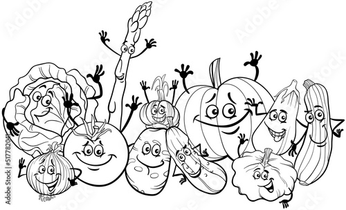 funny cartoon vegetables characters group coloring page