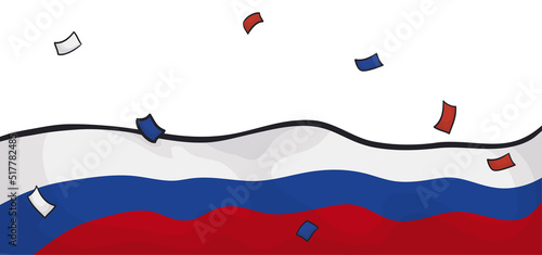 Patriotic Russian flag under a confetti shower in cartoon style, Vector illustration