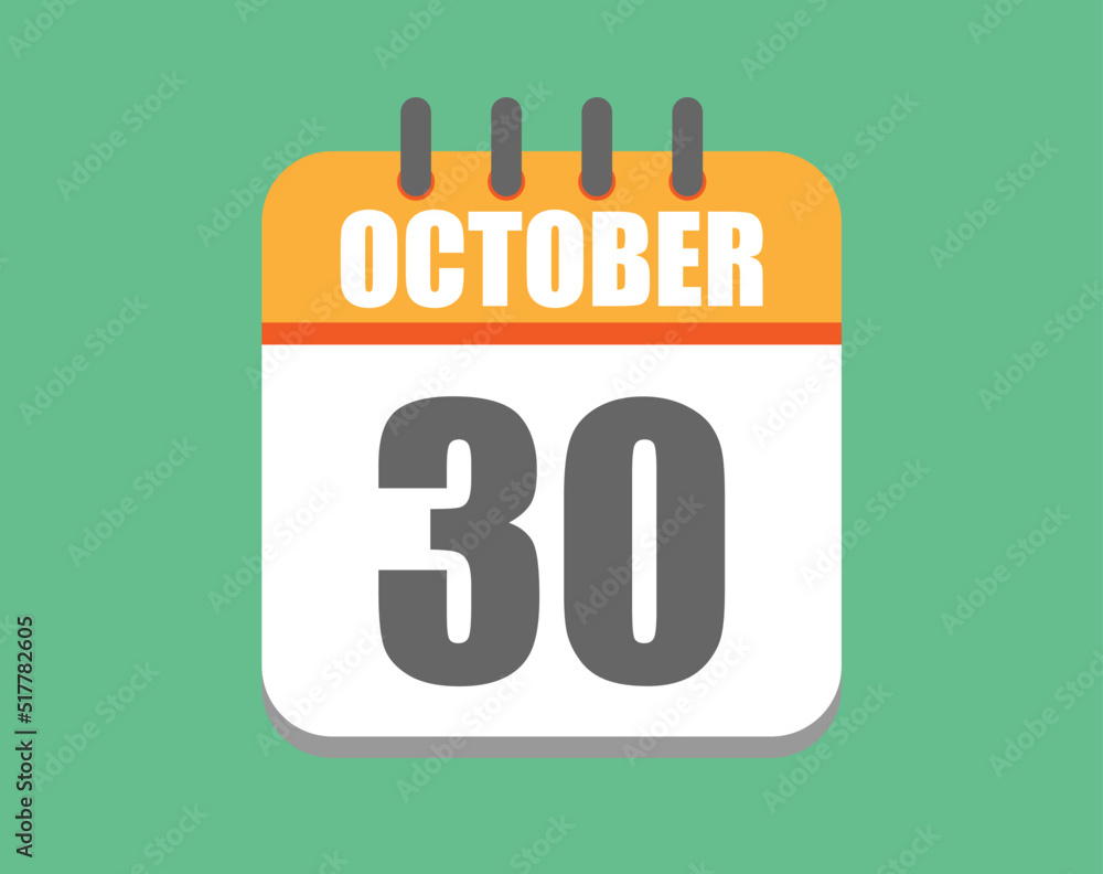 October day 30. Calendar icon for October. Vector illustration in orange and white on green background. October day 30. Calendar icon for October. Vector illustration in orange and white on green background.