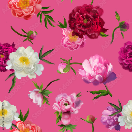 Hand-drawn botanical illustration. Seamless pattern with peonies. Pink, white, burgundy peonies. Realistic objects on a pink background. Delicate vintage print for greeting cards, wedding invitations
