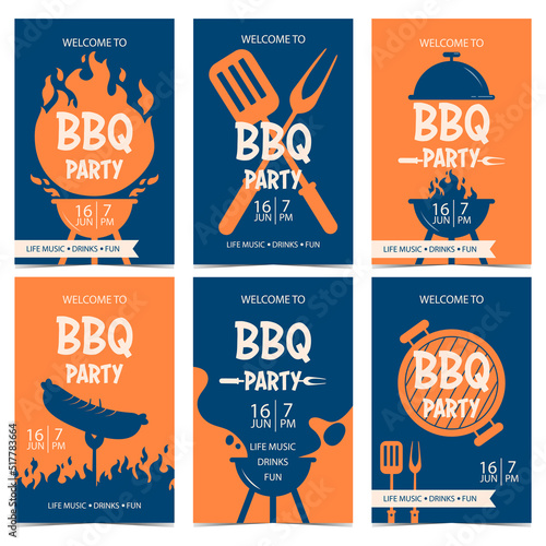 BBQ party banner or poster design template for outdoor cooking holiday or picnic. Barbecue party invitation or flyer in blue and orange colours with grill, flame, charcoal smoke, sausage on a fork.