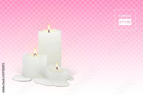 Set of realistic burning white candles on a transparent background. 3d candles with melting wax  flame and halo of light. Vector illustration with mesh gradients. EPS10.