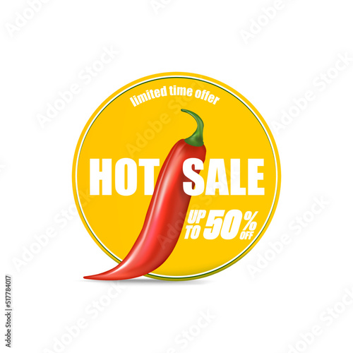Hot sale sticker with red chili cayenne pepper isolated on white background. Vector Special hot offer orange banner or label