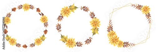 Watercolor autumn floral wreath. Frame with fall maple, rowan leaf and chrysanthemum flower. Botanical illustration for design thanksgiving card, invitation. Isolated on white background.