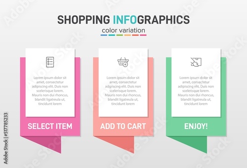 Concept of shopping process with 3 successive steps. Three colorful graphic elements. Timeline design for brochure, presentation, web site. Infographic design layout.