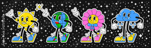 Cartoon characters in retro style: sun, planet earth, flower, cloud. funny colorful characters in doodle style.  Set of comic elements in trendy retro cartoon style.