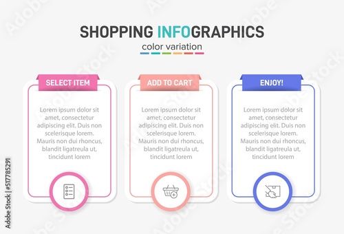 Concept of shopping process with 3 successive steps. Three colorful graphic elements. Timeline design for brochure, presentation, web site. Infographic design layout.