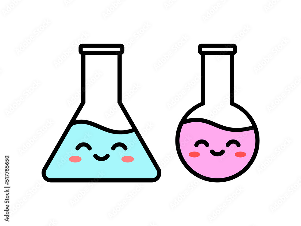 Vecteur Stock Kawaii lab flask. Two cute laboratory equipment characters.  Back to school concept. Funny science design for chemistry. Cartoon  Erlenmeyer glass bottles smiling. Vector illustration, flat, clip art. |  Adobe Stock