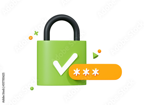 3D Locked padlock with password. Lock and PIN code entry. Security and safety. Cyber Privacy concept. Access to personal data. Cartoon creative design icon isolated on white background. 3D Rendering photo