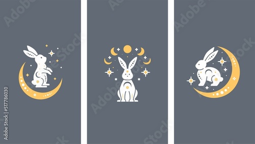 Mystery celestial rabbits set. Trendy mystical design templates with bunnies or hares, stars, moon. Mysterious celestial cards for stories templates, posts, social media, business, banners etc. 2023 