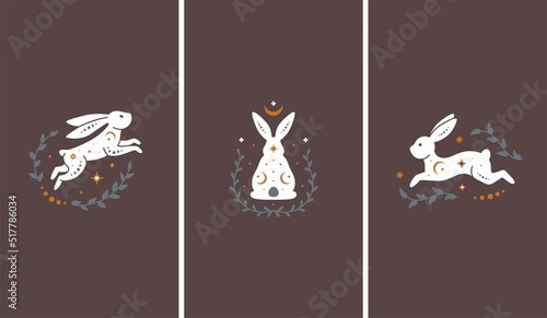 Natural celestial rabbits set. Trendy mystical design templates with bunnies or hares, stars, moon, leaves. Mysterious celestial cards for stories templates, posts, social media, business, banners etc