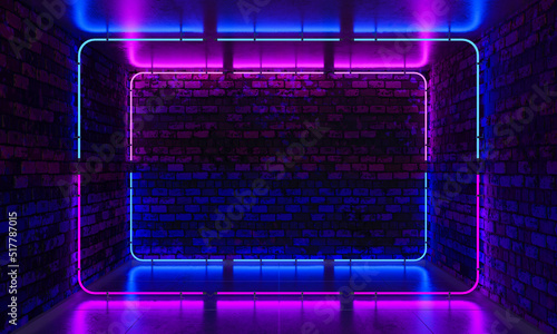 Brick wall, background, neon light. Neon room. 3d illustration