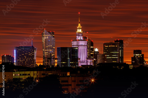 City panorama, Warsaw skyline with at beautiful sunset clouds,