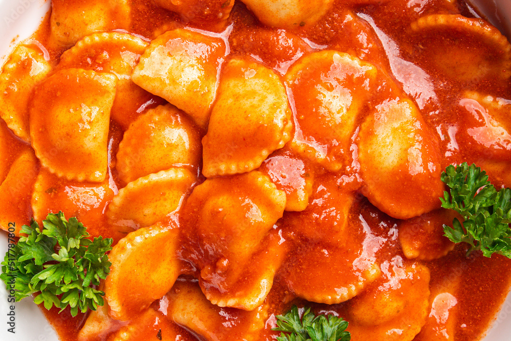 ravioli stuffed meat pasta tomato sauce fresh dish healthy meal food snack diet on the table copy space food background rustic top view ravioli stuffed meat pasta tomato sauce fresh dish healthy meal food snack diet on the table copy space food background rustic top view