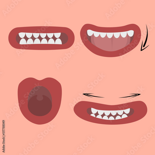 mouth in exercise position for speech therapy, illustration for speech therapist. Cartoon mouth in different positions