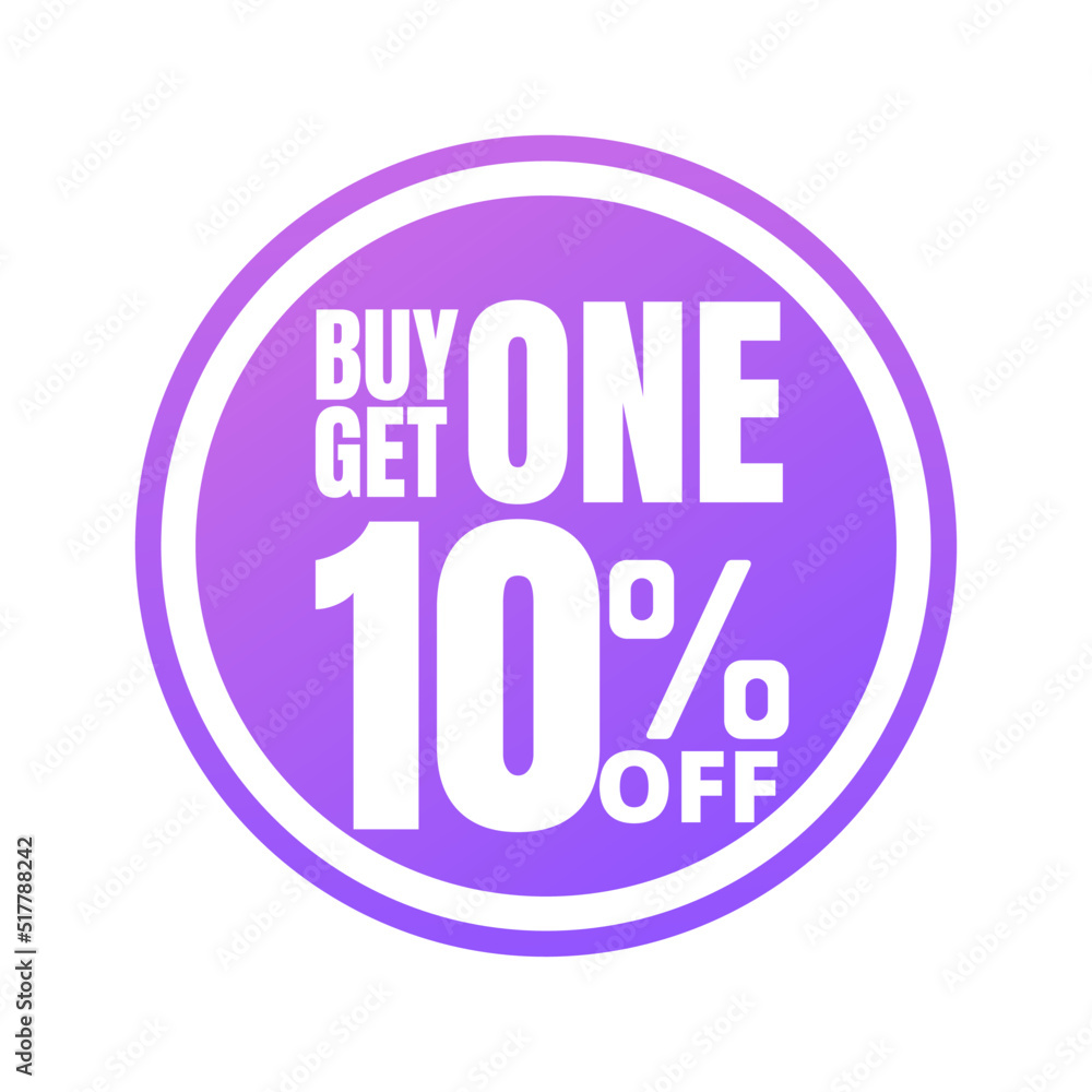 10% off, buy get one, online super discount purple button. Vector illustration, icon Ten 10% off, buy get one, online super discount purple button. Vector illustration, icon Ten