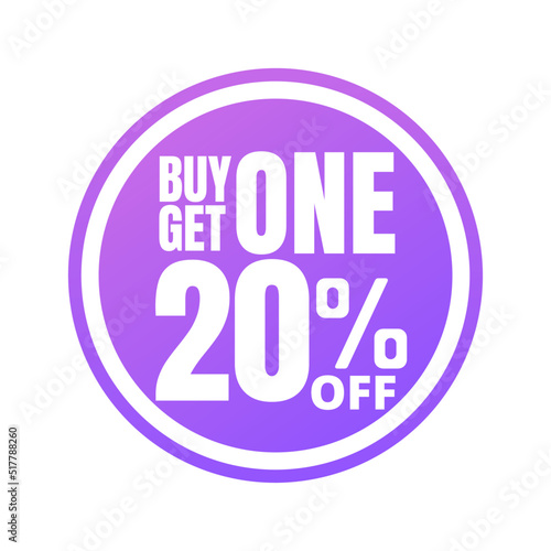 20% off, buy get one, online super discount purple button. Vector illustration, icon Twenty 