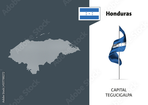 Flag of Honduras on white background. Dotted map of Honduras with Capital name - Tegucigalpa.