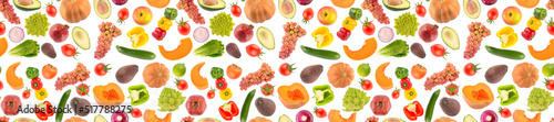 Panoramic fruit and vegetable seamless pattern isolated on white background.