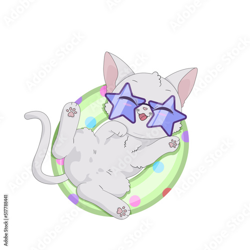 Ręcznie rysowany uroczy mały biały kotek w śmiesznych okularach przeciwsłonecznych. Kot bawiący się w kole do pływania - impreza na basenie. Wektorowa letnia ilustracja. Obrazki dla dzieci.