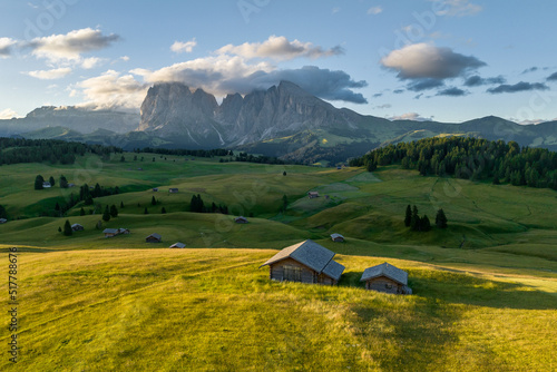 Obraz na płótnie Aerial view of Seiser Alm valley with traditional wooden mountain huts in Dolomites Italy . Morning drone shot of idyllic Alpe di Suisi blooming meadow in South Tyrol
w salonie