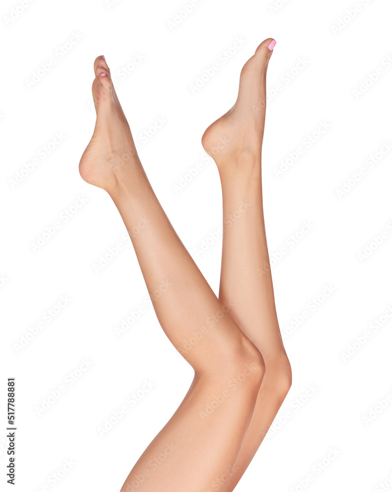 Woman with beautiful long legs on white background, closeup