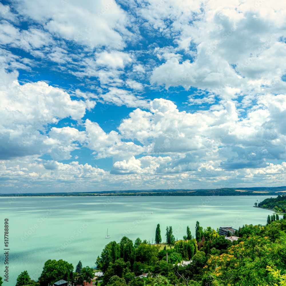 Lake Balaton view from Tihany viewpoint on hot summer day