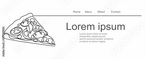 Single continuous line of piece of pizza. Piece of pizza fast food in one line style. Italian pizzeria logotype template concept isolated on white background.