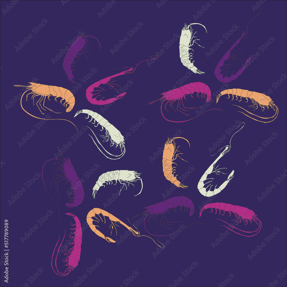 vector pattern seamless with shrimps purble, pink sand
