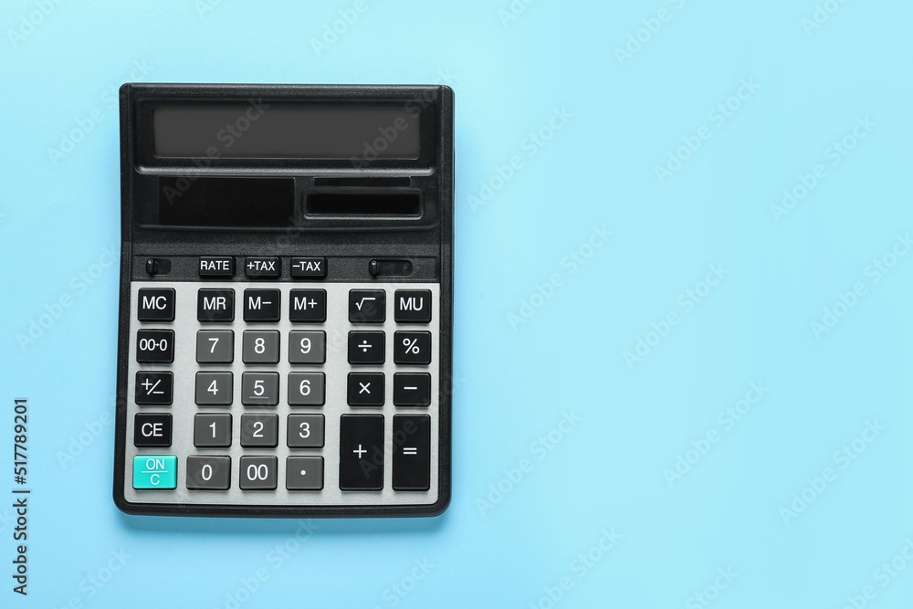 Modern calculator on turquoise background, top view. Space for text Modern calculator on turquoise background, top view. Space for text
