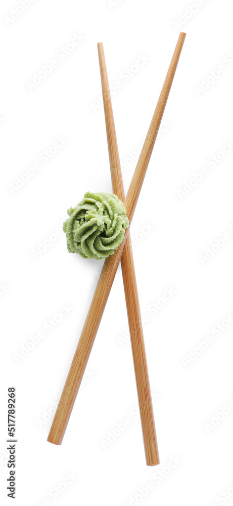 Swirl of wasabi paste and chopsticks on white background, top view Swirl of wasabi paste and chopsticks on white background, top view