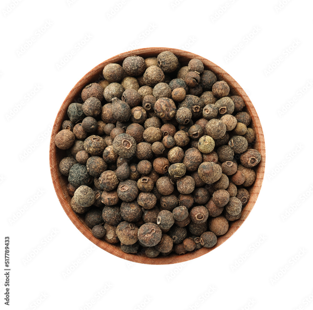 Bowl of allspice pepper grains isolated on white, top view Bowl of allspice pepper grains isolated on white, top view