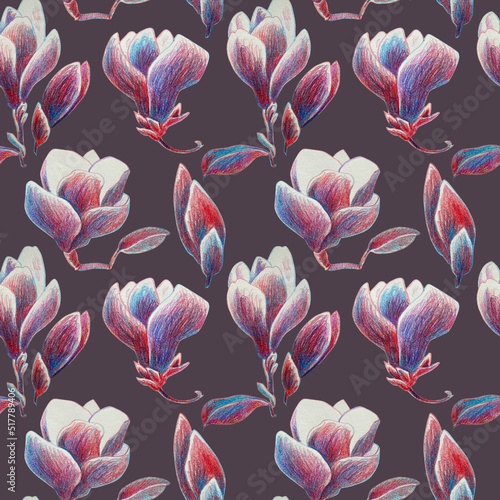 Seamless pattern of Magnolia Flowers on a dark background. Drawn with colored pencils in blue and red. For fabric, sketchbook, wallpaper, wrapping paper.